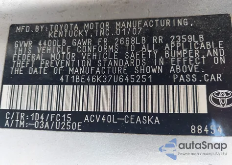 2007 Toyota Camry Se from USA, damaged, VIN 4T1BE46K37U645251